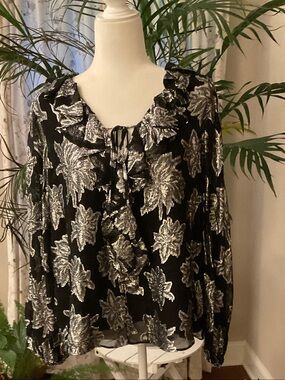 Parker Black Blouse with Silver Metallic Leaf Pattern